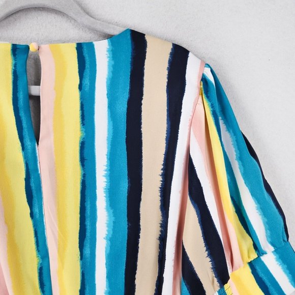 Lane Bryant Shirt Women 14 Pink Blue Colorful Striped Belted Satin Blouse Career - Picture 11 of 11